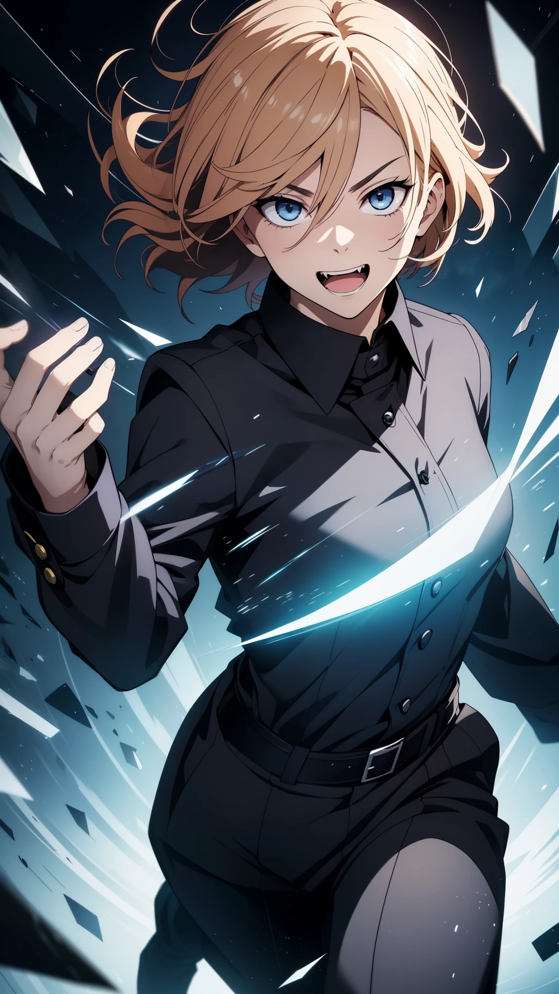 (high-quality, breathtaking),(expressive eyes, perfect face) 1boy, male, solo, ager, satoru gojo hairstyle, strawberry blonde hair color, flowy floating hair, bright blue eye color, short hair length, looking at viewer, half body, ((crazy open mouth smile with fangs)), (extremely happy) dark black blue long sleeved shirt, collared shirt, ((dark black blue dress pants)), jujutsu kaisen uniform, jujutsu high school uniform, flowy hair, , portrait, stylized hairstyle, (Activating domain expansion), (floating hair), character focus, ((black light)),((dark lighting)), cinematic lighting ,(darkness), (concept art), (glowing eyes), high resolution, extremely detailed CG unity 8k wallpaper, ((masterpiece)), ((top-quality)), (beautiful illustration), (sky scrapper windows background), (busting out of a skyscrapper background) (In the sky background) (breaking glass background), (glass shards flying towards camera) (Falling pose)