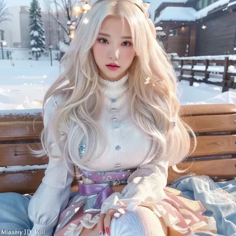 a close up of a girl sitting on a bench in the snow, perfect white haired girl, anime barbie in white, girl with white hair, cut...