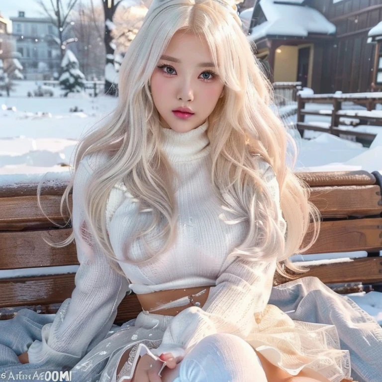 a close up of a girl sitting on a bench in the snow, perfect white haired girl, anime barbie in white, girl with white hair, cute digital art, white beautiful hair, beautiful digital art, beautiful anime style, anime barbie in white stockings, cute detailed digital art, very beautiful digital art, realistic anime art style, beautiful anime art style, beautiful anime girl, Físico : el abdomen más pequeño jamás visto, jisoo from blackpink, popular south korean makeup, quality detailed ,(beautiful makeup :1.2), Wide hips, big, big ass, (best quality, 8K, masterpiece: 1.3), Clear focus: 1.2, Perfect body beauty: 1.4, strong abs, Very detailed face and skin texture. , detailed eyes, double eyelids, (long hair), having very marked curves, with greater volume in ((hips and breasts)), which makes the waist look much smaller ((wasp waist))