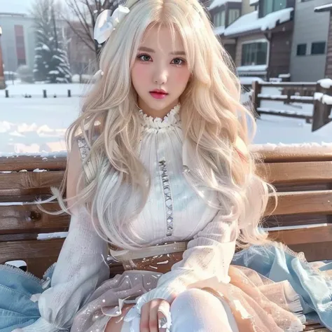 a close up of a girl sitting on a bench in the snow, perfect white haired girl, anime barbie in white, girl with white hair, cut...