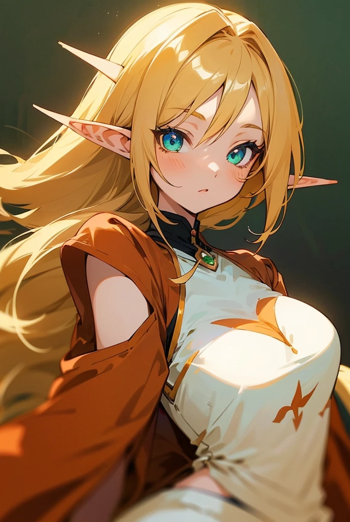 1girl, ((perfect anatomy)), (((Masterpiece))), Best Quality, looking a viewer, (((perfect anatomy))), (((sheet))), blonde hair, Long hair, Green eyes, pointed ears, Hair between the eyes, pony tail, pink fish skin