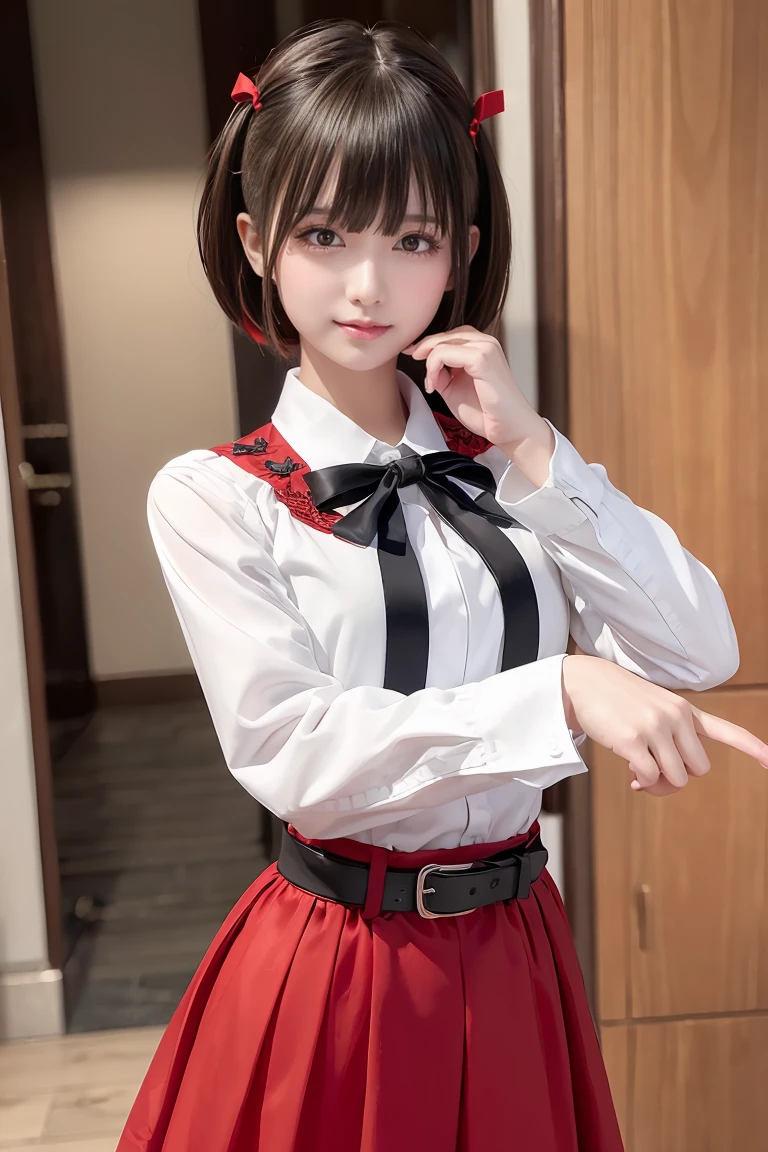 8K,best qualtiy、ultra-detailliert、masterpiece、realisitic、Photo Real、(Very Short Bob Hair、Bangs Patsun、16-year-old woman),(((Naked high school student ribbon on top、Below are high school skirts))),((((Grab the skirt with both hands、Show me the crotch of my panties))))、((red blush、embarassed expression、watching at viewers))、(Half body shot)、(inside in room)、((Angle from directly below、Focus on the crotch、Background blur))、((small tits、Very skinny body、very thin thighs、very slender legs))、