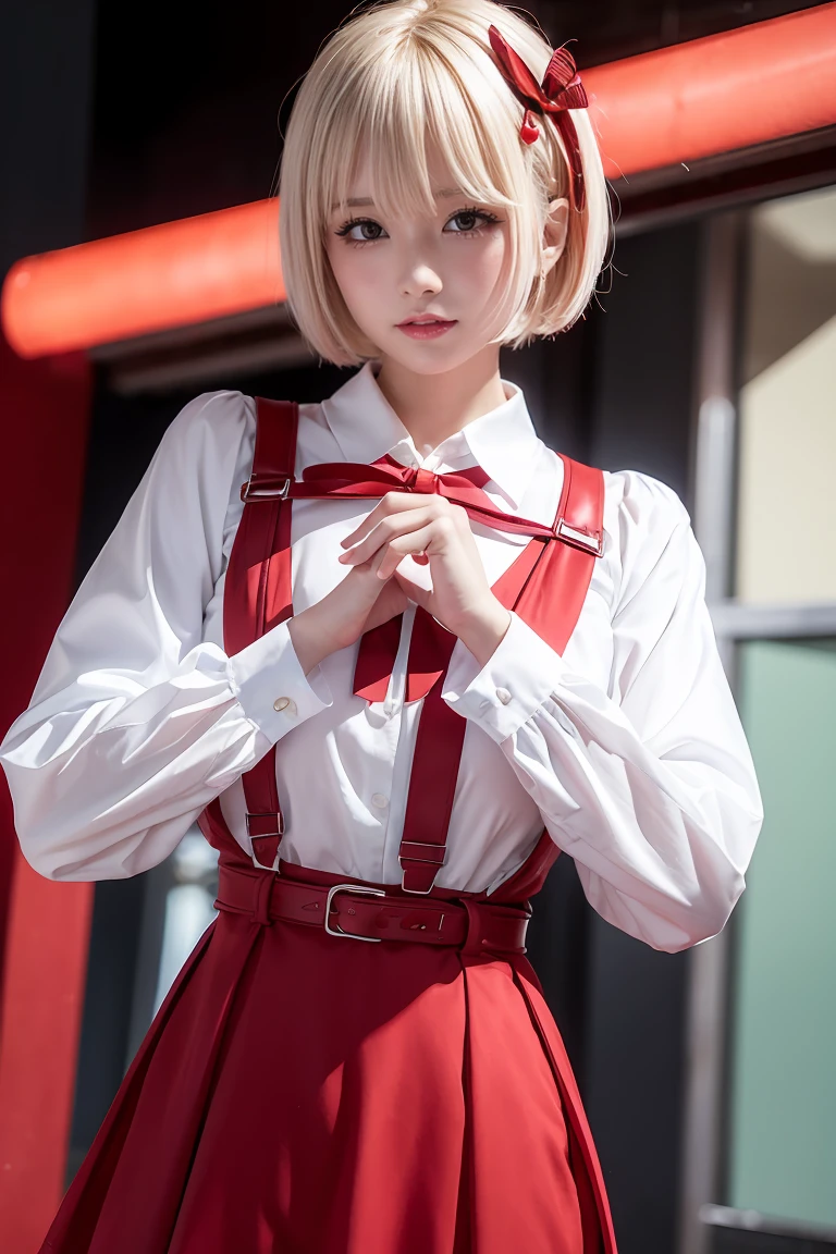 Satanic, Thousand miles, Short Hair, bangs, Blonde, (Red eyes:1.5), 髪ribbon片側を上にして, Bobcut,
break  shirt, Long sleeve, dress, ribbon, White shirt, Collared shirt, Belt Bag, ネックribbon, 赤いdress, ブルーribbon, プリーツdress, グレーのdress, ツートンdress, Red Belt, Uniform sake,
break outdoors, city,
break looking at viewer, (Cowboy Shot:1.5),
break (masterpiece:1.2), Best Quality, High resolution, unity 8k wallpaper, (figure:0.8), (Beautiful fine details:1.6), Ultra detailed face, smile,Perfect lighting, Highly detailed CG, (Perfect hands, Perfect Anatomy),