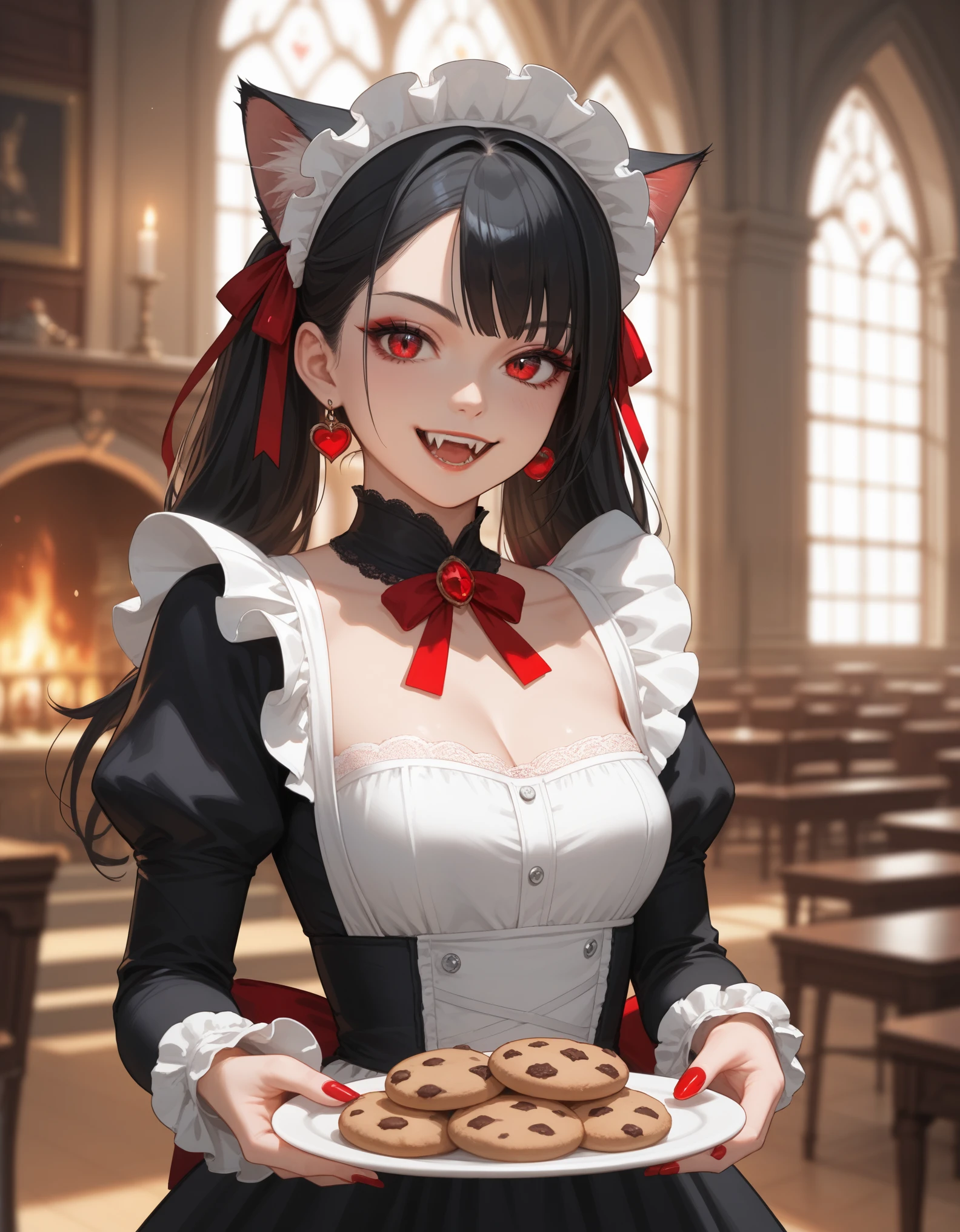 score_9, score_8_up, score_7_up, 1girl, solo, close-up portrait, standing vampire catgirl, ruby eyes, long black hair with streaks of crimson, sly smile, fangs, black and red Victorian maid dress with lace accents, (offering a plate of cookies), gothic mansion library, fireplace, warm lighting.
