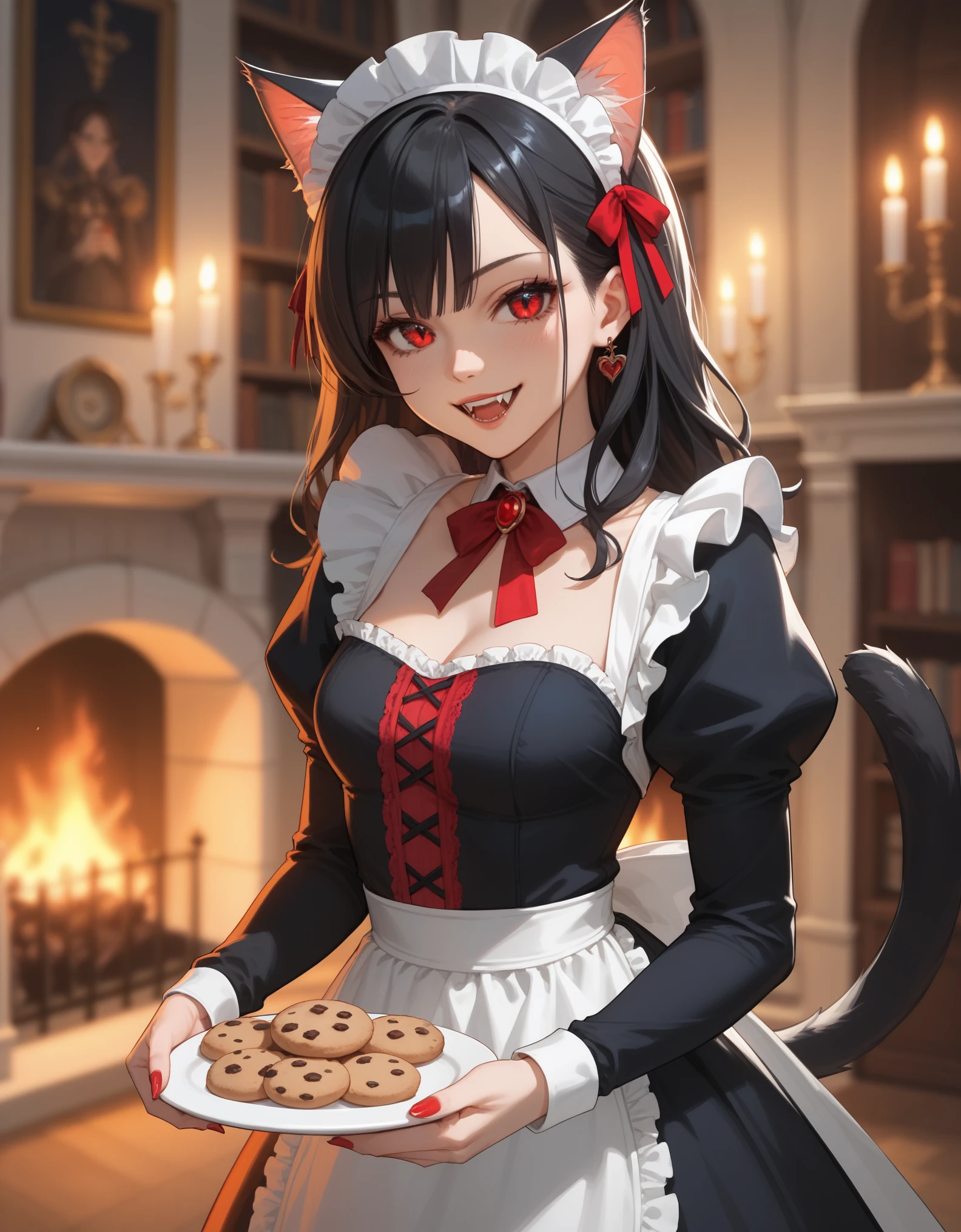 score_9, score_8_up, score_7_up, 1girl, solo, close-up portrait, standing vampire catgirl, ruby eyes, long black hair with streaks of crimson, sly smile, fangs, black and red Victorian maid dress with lace accents, (offering a plate of cookies), gothic mansion library, fireplace, warm lighting.
