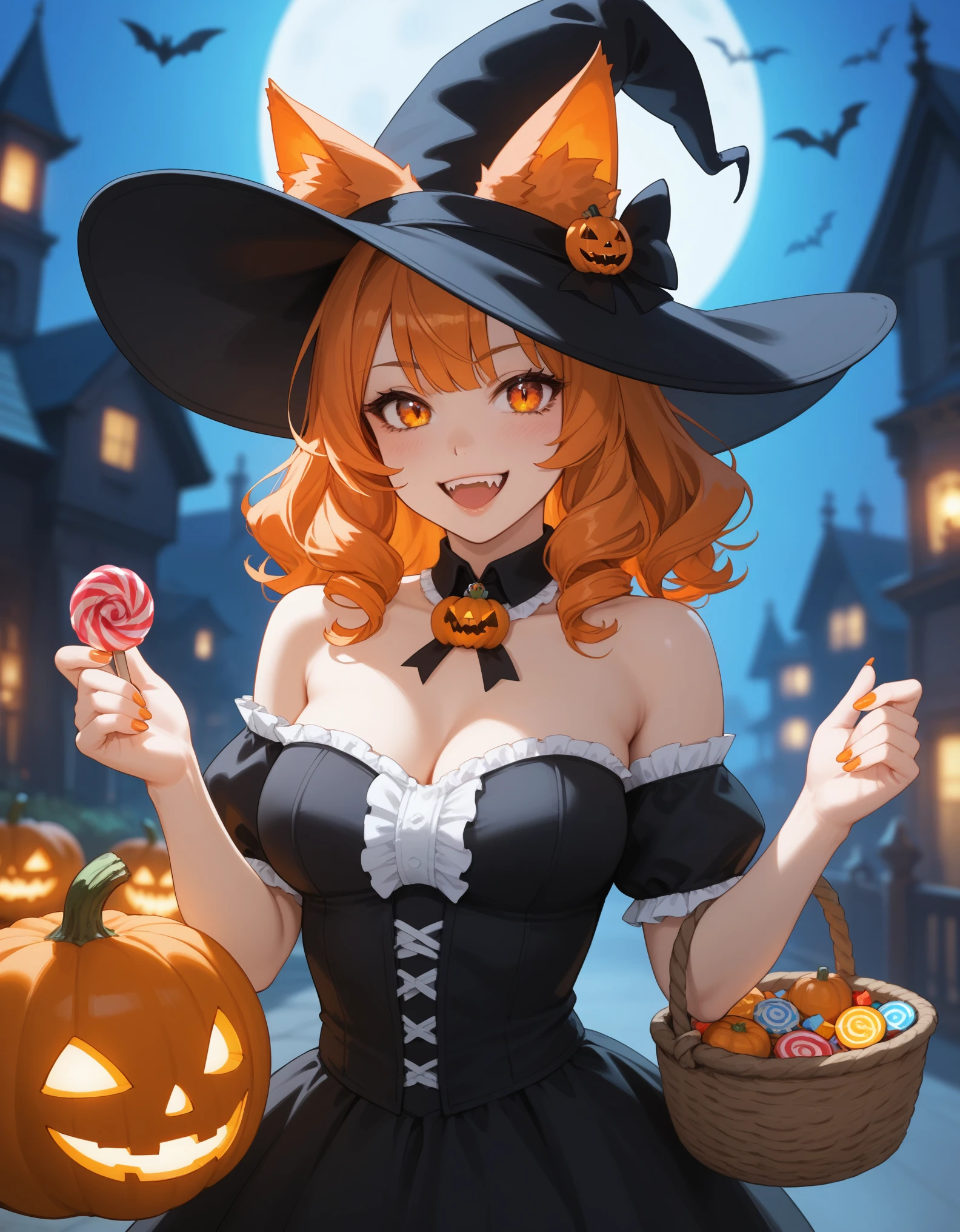 score_9, score_8_up, score_7_up, 1girl, solo, close-up portrait, vampire catgirl, glowing orange eyes, long curly orange hair, sly smile, orange and black gothic maid dress with a (pumpkin-shaped brooch), witch hat, (offering a basket of colorful candy), Halloween-themed gothic mansion, warm lighting, spooky aesthetic.