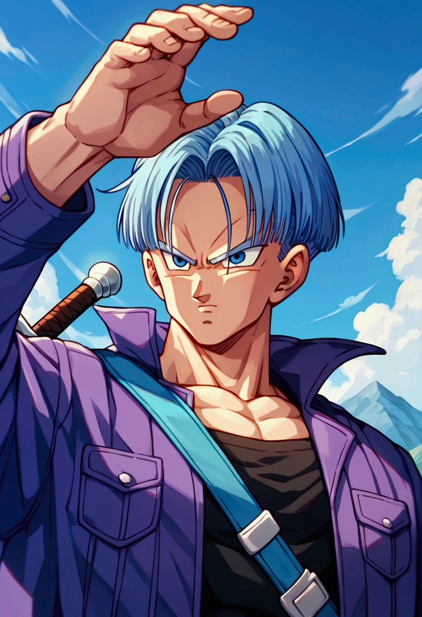 Trunks, purple jacket, black muscle shirt underneath, black pants, sword on the back, blue eyes, black pupil, blue hair, yellow shoes with black tips, mountain landscape, thin arms, thin jacket, focus face, detailed face, ultra detailed(Score_9,Score_8_up,Score_7_up), source_anime, best quality, masterpiece, anime, __prompt__,