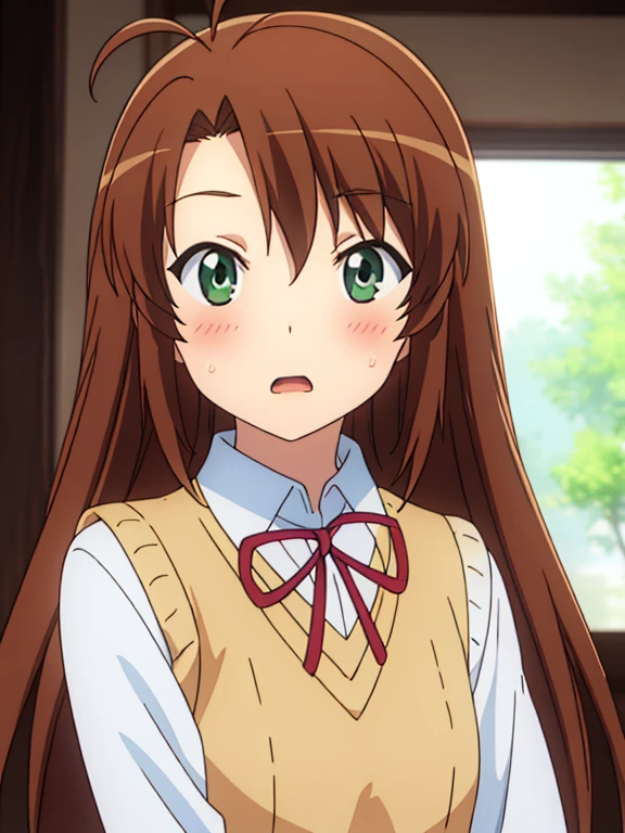 (masutepiece, Best Quality, hight resolution, nffsw, Perfect Pixel, depth of fields, 4K), Beautiful anime girl, Perfect body ,,,koshigaya_komari_nonnonbiyori, brown_hair, long_hair, green_eyes, antenna_hair, bangs, school_uniform, collared_shirt, neck_ribbon, red_ribbon, ribbon, shirt, sweater_vest, white_shirt, , (flat chest) , blush, open mouth
