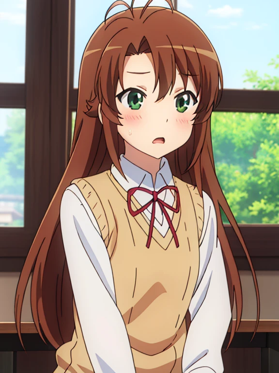 (masutepiece, Best Quality, hight resolution, nffsw, Perfect Pixel, depth of fields, 4K), Beautiful anime girl, Perfect body ,,,koshigaya_komari_nonnonbiyori, brown_hair, long_hair, green_eyes, antenna_hair, bangs, school_uniform, collared_shirt, neck_ribbon, red_ribbon, ribbon, shirt, sweater_vest, white_shirt, , (flat chest) , blush, open mouth
