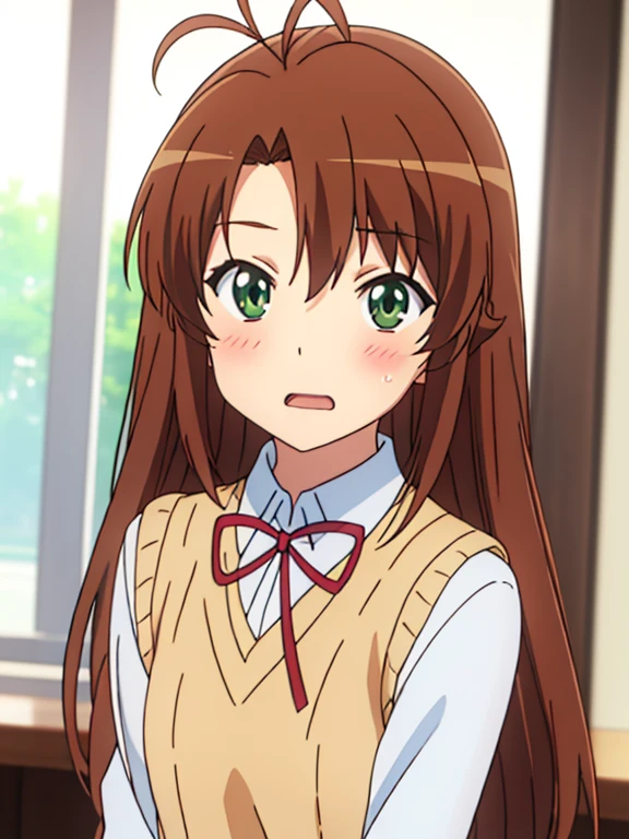 (masutepiece, Best Quality, hight resolution, nffsw, Perfect Pixel, depth of fields, 4K), Beautiful anime girl, Perfect body ,,,koshigaya_komari_nonnonbiyori, brown_hair, long_hair, green_eyes, antenna_hair, bangs, school_uniform, collared_shirt, neck_ribbon, red_ribbon, ribbon, shirt, sweater_vest, white_shirt, , (flat chest) , blush, open mouth
