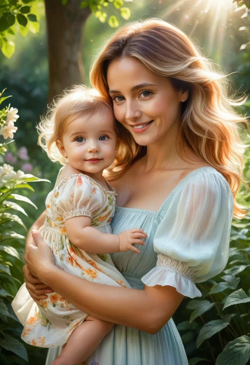 (Highest quality,4K,8 k,high resolution,masterpiece:1.2),Very detailed,(Realistic,photoRealistic,photo-Realistic:1.37),Realistic,portraits,beautiful girl,holding a one--old her arms,paintings,soft brush strokes,bright colors,garden background,detailed girl eyes,detailed girl lips,peaceful expression,flowy dress, Figure,Gentle Smile,Естественный sunlight,lush greenery,playful smiling child,wavy hair,subtle shadows,fine facial features,captivating look,sunlight, penetrating through the trees,Botanical elements,Floral patterns,A touching connection,Bright and cheerful atmosphere,Innocent charm,loving bond between a girl and a child,An accudepiction of the appearance of a Kooikerhondje,gentle interaction,volumetric and realistic presentation,capturing the emotional bond between mother and baby,positive and soul warming vibrations,Impeccable attention to detail,carefully composed composition,Realistic texture and color rendering,subtle highlights and shadows,impressionistic style of painting,ethereal and dreamlike quality, blonde hair, 