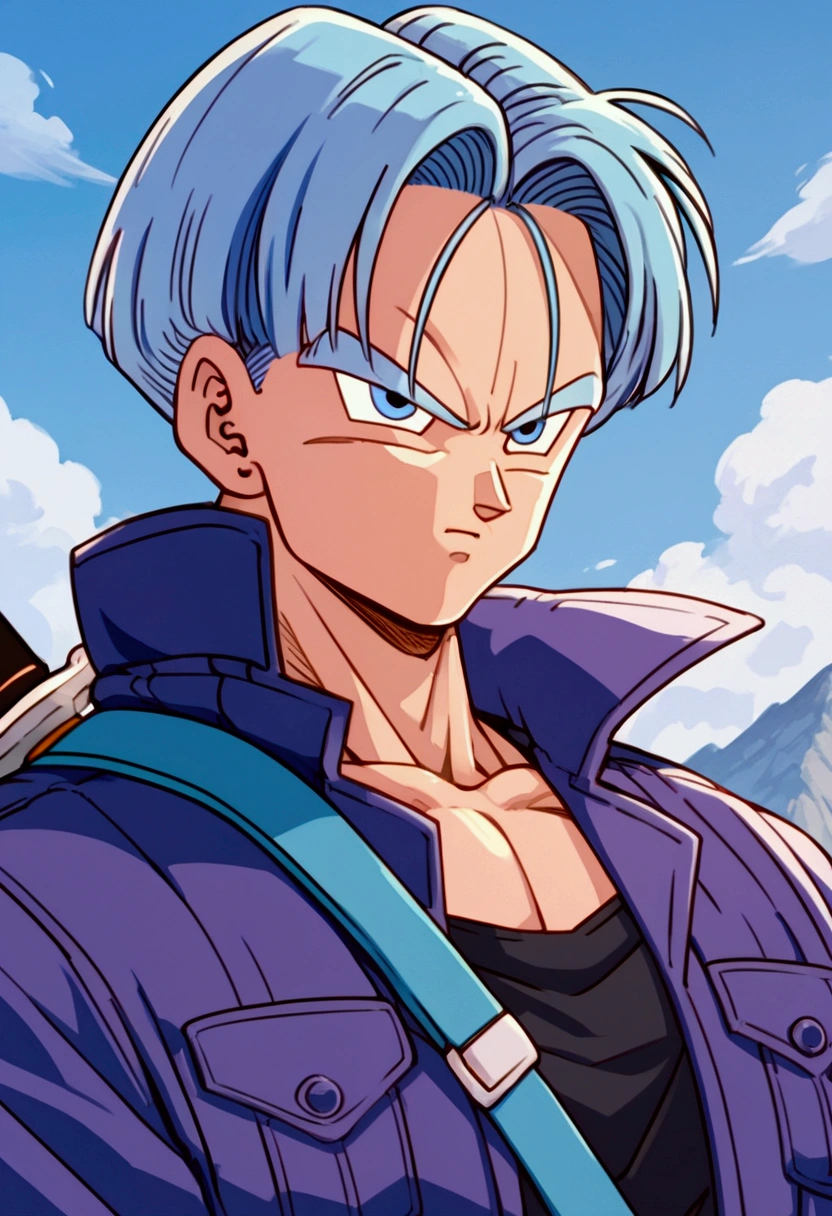 Trunks, purple jacket, black muscle shirt underneath, black pants, sword on the back, blue eyes, black pupil, blue hair, yellow shoes with black tips, mountain landscape, thin arms, thin jacket, focus face, detailed face, ultra detailed(Score_9,Score_8_up,Score_7_up), source_anime, best quality, masterpiece, anime, __prompt__,