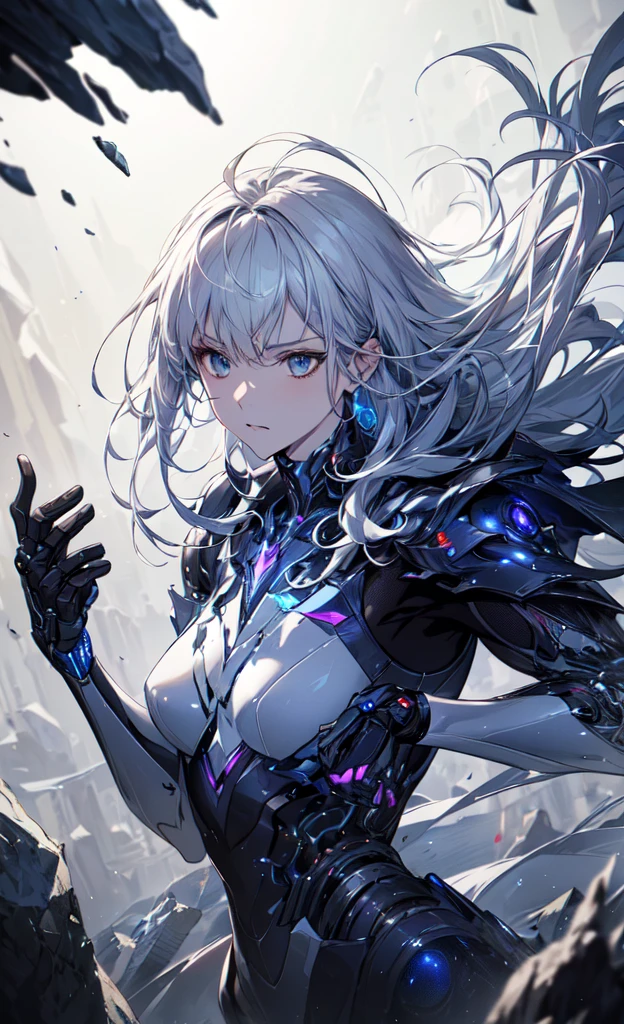 photorealistic, masterpiece, best quality, (detailed anime, video game art, extremely detailed CG unity 8k wallpaper), (best quality), (best illustration), (best shadow), absurdres, realistic lighting, (Abyss), solo, upper body shot of a powerful anime character with an ethereal, angelic appearance, contains elements of female features. They have white hair, a muscular physique, and a combination of white, flowing feathers and dark, (sci fi angular cyberpunk, cyborg, cybernetic, army, demonic armor:1.03). Their expression is cruel and dismissive, and they are surrounded by a mystical, glowing aura. The background is a dynamic, (otherworldly scene with swirling energy, shattered rocks, and hints of digital glitching effects with floating debris and a futuristic, glitch-like background:1.14), capturing the perfect balance of strength, fantasy, and technology, glass, glasstech, transparent, stealth_tech, sci fi