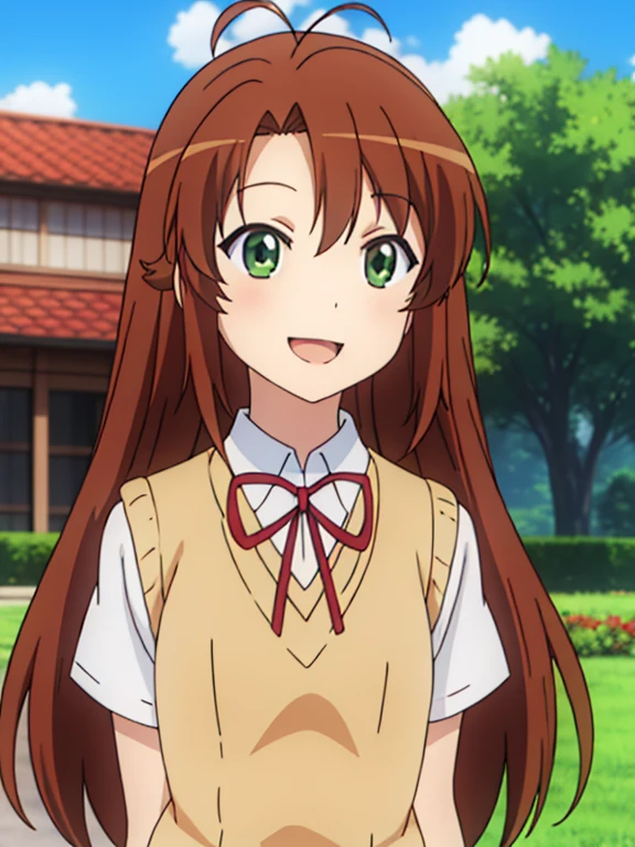 (masutepiece, Best Quality, hight resolution, nffsw, Perfect Pixel, depth of fields, 4K), Beautiful anime girl, Perfect body ,,,koshigaya_komari_nonnonbiyori, brown_hair, long_hair, green_eyes, antenna_hair, bangs, school_uniform, collared_shirt, neck_ribbon, red_ribbon, ribbon, shirt, sweater_vest, white_shirt, , (flat chest) , smile, open mouth, flower, outdoor, sun, sky
