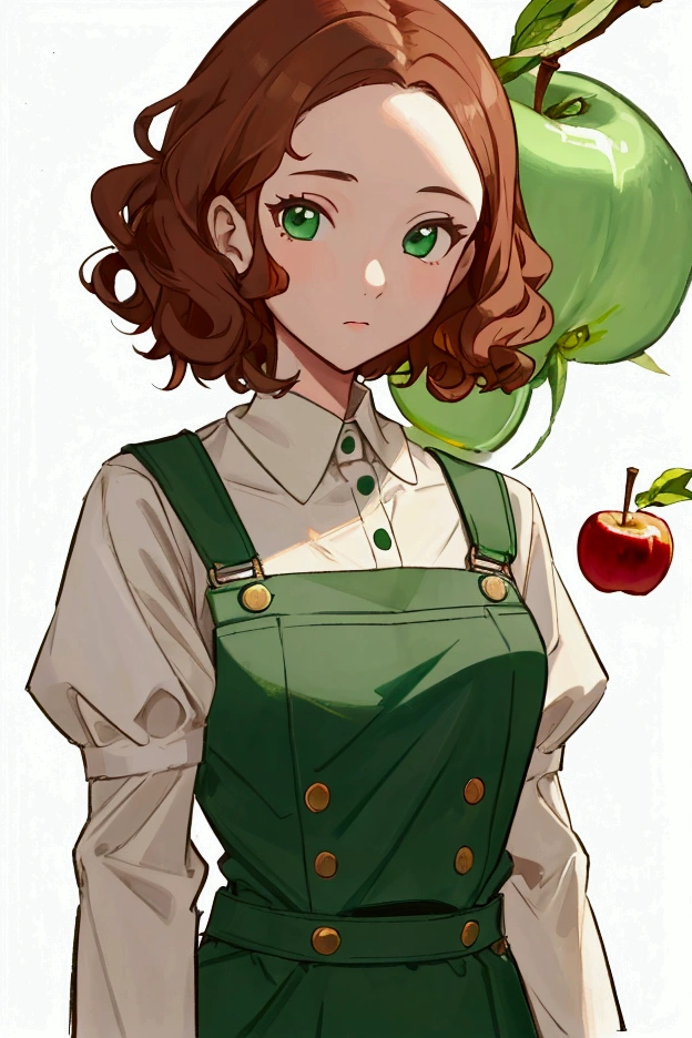 (Masterpiece, best quality) detailed, a girl wearing a green overall, with short curly brown hair, ((she is cutting an apple)) as she looks at the camera, upper body portrait, she has a serious expression