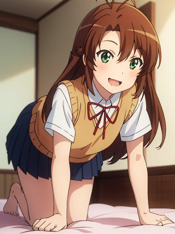 (masutepiece, Best Quality, hight resolution, nffsw, Perfect Pixel, depth of fields, 4K), Beautiful anime girl, Perfect body ,,,koshigaya_komari_nonnonbiyori, brown_hair, long_hair, green_eyes, antenna_hair, bangs, school_uniform, collared_shirt, neck_ribbon, red_ribbon, ribbon, shirt, sweater_vest, white_shirt, , (flat chest) , smile, open mouth, , (crawl on all fours:1.4),, indoor , bed room, on bed, thighs, bare foot, 
