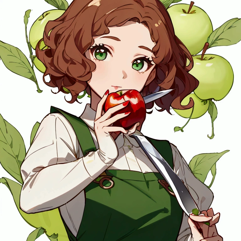 (Masterpiece, best quality) detailed, a girl wearing a green overall, with short curly brown hair, ((she is cutting an apple with a knife)) as she looks at the camera, upper body portrait, she has a serious expression, Knife