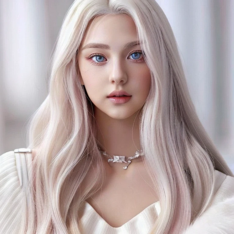 a close up of a woman with long blonde hair and pink eyes, anime barbie in white, detailed white long hair, girl with white hair, perfect white haired girl, realistic anime 3 d style, long wavy white hair, ig model | artgerm, blonde anime girl with long hair, wavy white long hair, anime girl with long hair, with long white hair