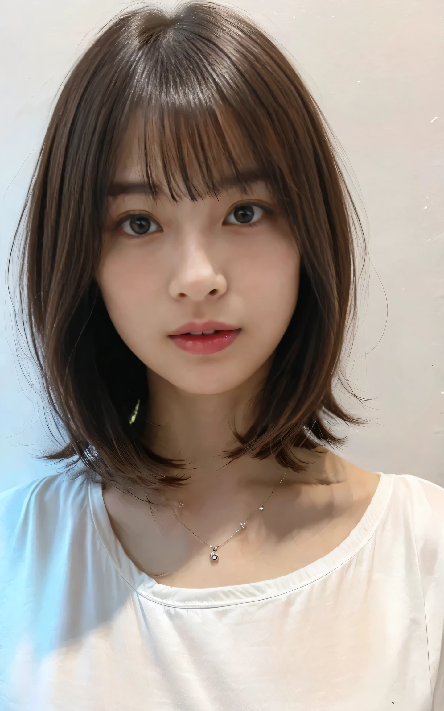 {{Close-up of an 1 woman with brown hair wearing a white shirt}}, {{Shoulder-length hair, Shoulder - Length hair}}, {{Medium Hair}}, {{Curtain bang}}, {{Straight Medium Hair:1.6}}, {with short hair},{{ Hime with}}, {{{Shoulder-length hair}}}, {{Princess cut hairstyle}}, {{Symmetrical face}}, {{short～Medium Hair}}, Shoulder length}}, {{Neat hairstyle with bangs}}}、{{White wall、In front of a white door、((Windowless、White wall room))、{{Mr.々A pose}}、{{Simple Necklace}}、{{Layered Cut}},,;{{Look at the camera}},,{{Looking at the camera}}