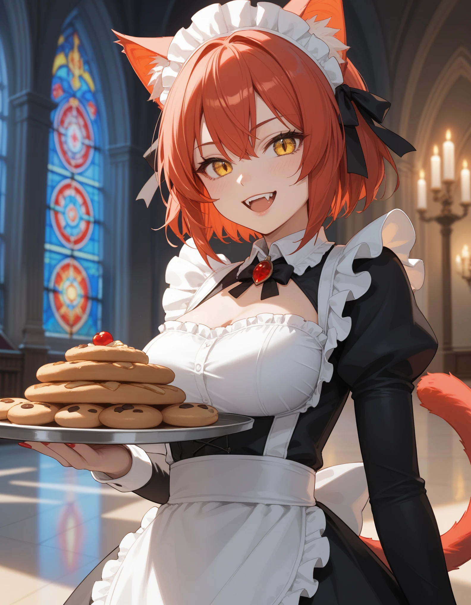 score_9, score_8_up, score_7_up, 1girl, solo, close-up portrait, vampire catgirl, golden eyes, fiery red hair, sly smile, fangs, black gothic maid dress with golden accents, high collar, ruffled apron, (offering a tray of bat-shaped cookies), gothic cathedral hallway with stained glass windows, dramatic lighting, intricate architecture.