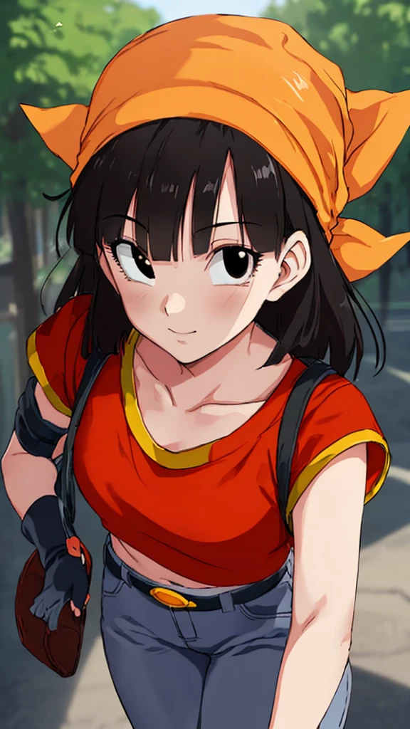 masterpiece, The best quality, highest qualityr, Photorealistic, Perfect anatomy, Perfect face, perfect eyes, orange bandana, pandballgt, 1girl, black eyes, black hair, short hair, orange bikini, pants, fingerless gloves, red shirt, Crop above, outdoors, girl woman (((brazier)))