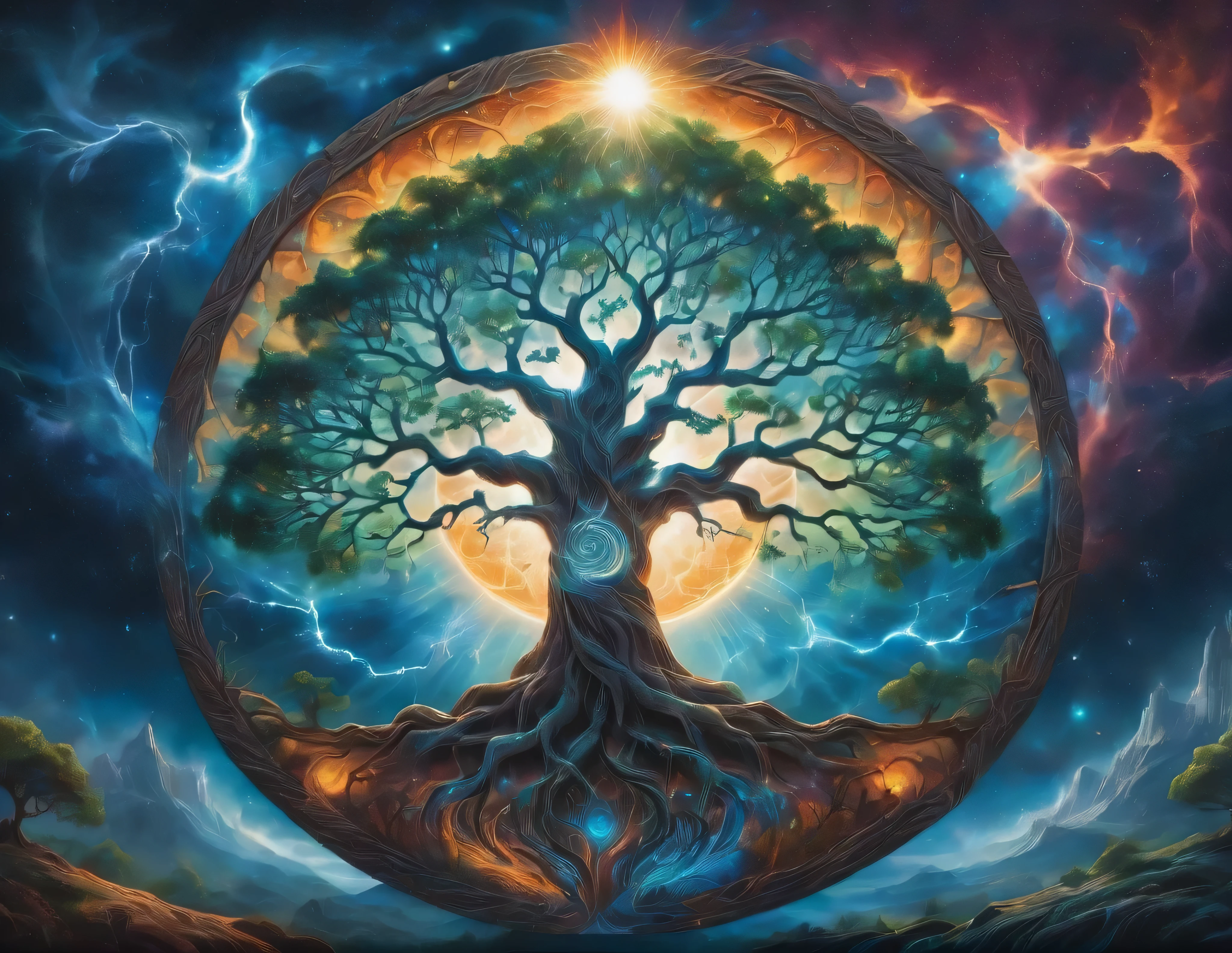 A painting of a tree with the sun and the moon in the background, Cosmic Tree of life, Cosmic Tree, the world Tree, tree of Life seed of doubt, world Tree, tree of Life, Magic Tree, Magic Tree, the tree of Life, Fractal Thunder - Dan Mumford, Fantasy tree, mystical landscapes, Art, Yggdrasil. Representatives of the four elements of nature.