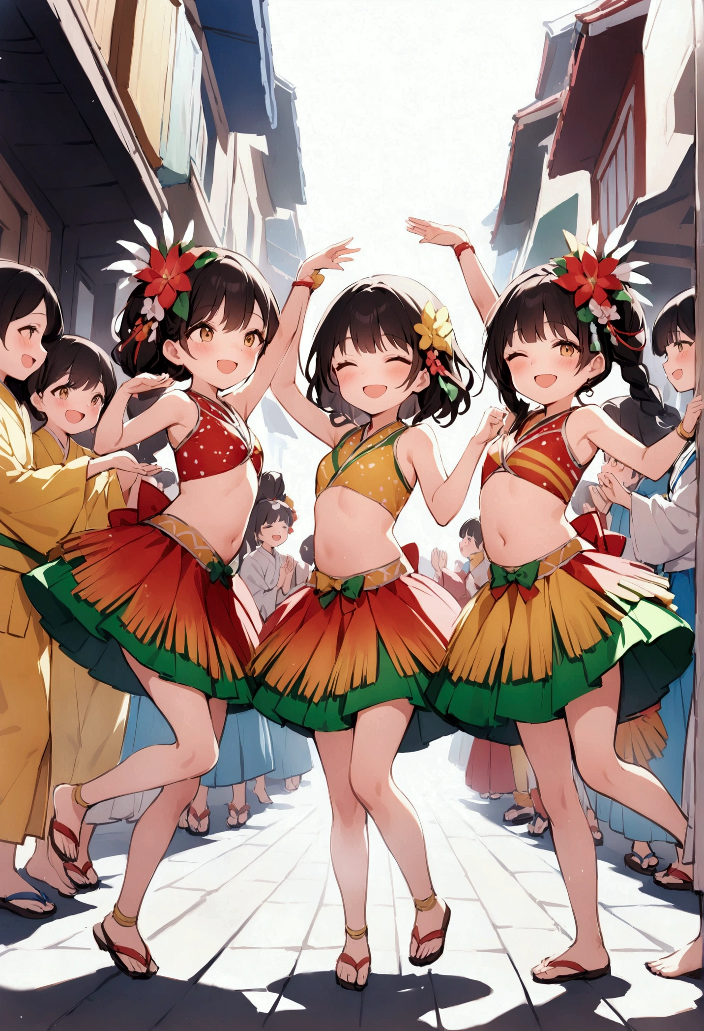 ((masterpiece、Highest quality、Detailed Anime))、Carnival of Rio、parade、((Japanese downtown shopping street))、(5+ Cute Naked Girls、smile:1.3、dance:1.3、samba dance dress: 1.3)、(((Wear accessories on your chest、Pussy、Nippleid-chest)))、(Glowing Skin、Flashy and gorgeous accessories:1.3、Fishnet tights、Black Hair)、Visitors々