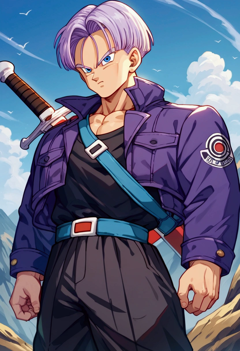 Trunks, purple jacket, black muscle shirt underneath, black pants, sword on the back, blue eyes, black pupil, purple hair, yellow shoes with black tips, mountain landscape, thin arms, thin jacket, focus face, detailed face, ultra detailed(Score_9,Score_8_up,Score_7_up), source_anime, best quality, masterpiece, anime, __prompt__,