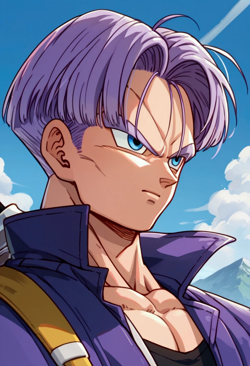 Trunks, purple jacket, black muscle shirt underneath, black pants, sword on the back, blue eyes, black pupil, purple hair, yellow shoes with black tips, mountain landscape, thin arms, thin jacket, focus face, detailed face, ultra detailed(Score_9,Score_8_up,Score_7_up), source_anime, best quality, masterpiece, anime, __prompt__,