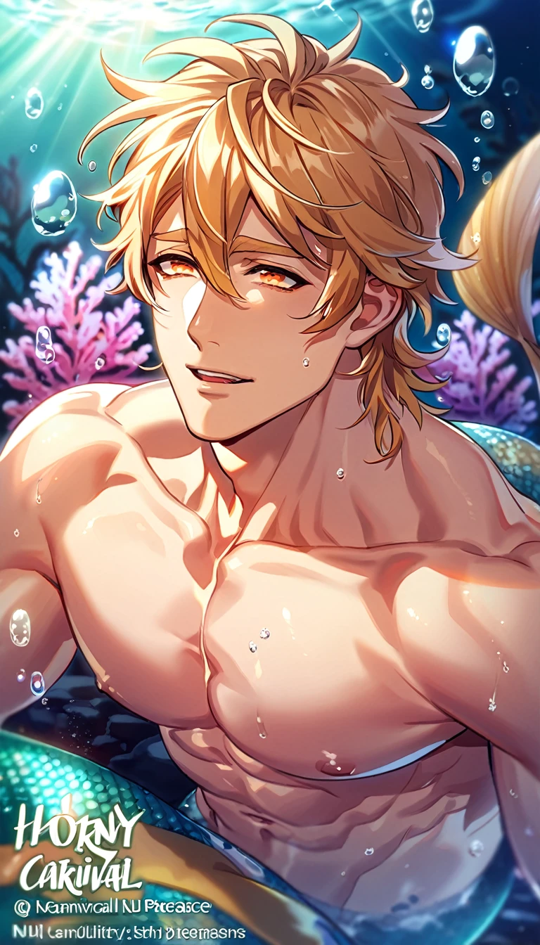 absurdres, highres, ultra detailed, HDR, master piece, best quality, extremely detailed, detailed eyes, detailed face, Quincy, blonde hair, messy hair, hair between the eyes, expressive orange eyes, Nu Carnival, solo, sexy merman, merman, mature face, close up, horny, lewd, handsome, toned chest, bare chest, fantasy, underwater, sitting on a rock, bubbles, corals, fish, magic, sparkling, clear