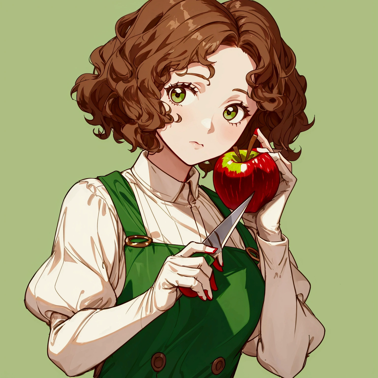 (Masterpiece, best quality) detailed, a girl wearing a green overall, with short curly brown hair, ((she is cutting an apple with a knife)) as she looks at the camera, upper body portrait, she has a serious expression, Knife