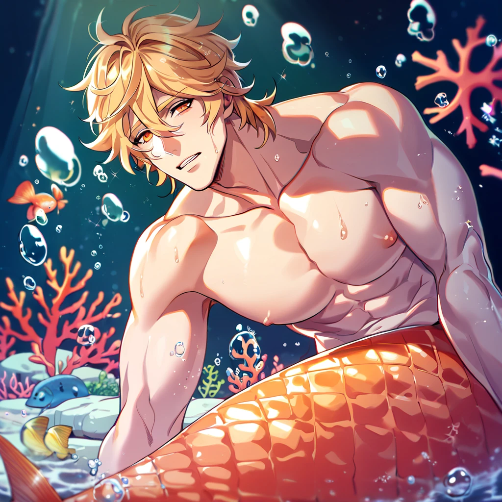 absurdres, highres, ultra detailed, HDR, master piece, best quality, extremely detailed, detailed eyes, detailed face, Quincy, blonde hair, messy hair, hair between the eyes, expressive orange eyes, Nu Carnival, solo, sexy merman, merman, mature face, horny, lewd, handsome, toned chest, bare chest, fantasy, underwater, sitting on a rock, bubbles, corals, fish, magic, sparkling, clear