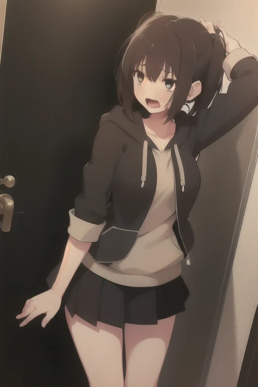 masterpiece, Best Quality, Absurd, Izuka_Minors, One girl, Dark black eyes, Hollow Eyes, Dead Eyes, rape, Hair between the eyes, Black Hair, Long Hair, Long twin tails, bangs, Hair Intake, Large Breasts, high school student, hoodie, jacket, black jacket, Black Skirt, Excited, fear, anxiety,