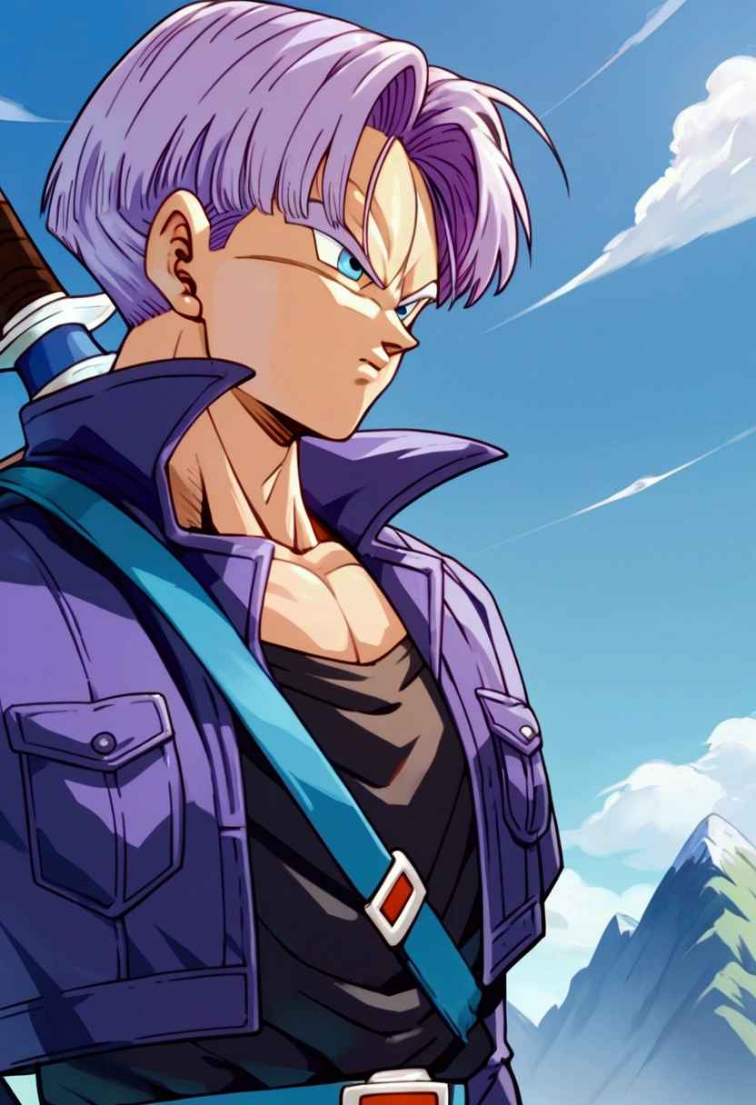 Trunks, purple jacket, black muscle shirt underneath, black pants, sword on the back, blue eyes, black pupil, purple hair, yellow shoes with black tips, mountain landscape, thin arms, thin jacket, focus face, detailed face, ultra detailed(Score_9,Score_8_up,Score_7_up), source_anime, best quality, masterpiece, anime, __prompt__,