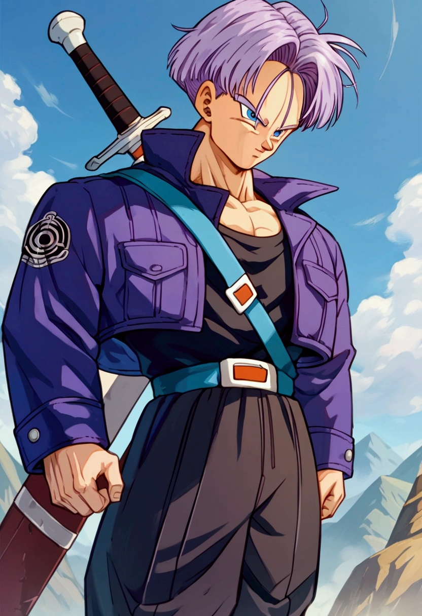 Trunks, purple jacket, black muscle shirt underneath, black pants, sword on the back, blue eyes, black pupil, purple hair, yellow shoes with black tips, mountain landscape, thin arms, thin jacket, focus face, detailed face, ultra detailed(Score_9,Score_8_up,Score_7_up), source_anime, best quality, masterpiece, anime, __prompt__,