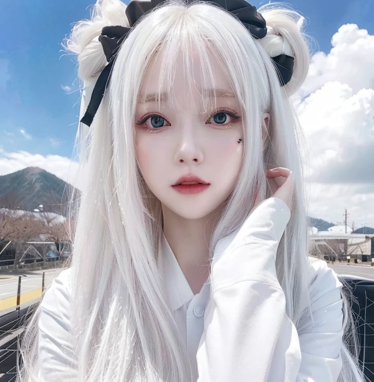 a close up of a person with long white hair and a white shirt, girl with white hair, anime inspired, anime vibes, aesthetic portrait, anime aesthetic, perfect white haired girl, white hime cut hairstyle, kawaii realistic portrait, anime styled, white cloud hair, anime barbie in white, white beautiful hair, goth girl aesthetic, intense white hair, anime styled digital art