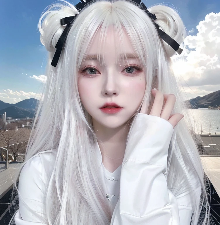 a close up of a person with long white hair and a white shirt, girl with white hair, anime inspired, anime vibes, aesthetic portrait, anime aesthetic, perfect white haired girl, white hime cut hairstyle, kawaii realistic portrait, anime styled, white cloud hair, anime barbie in white, white beautiful hair, goth girl aesthetic, intense white hair, anime styled digital art