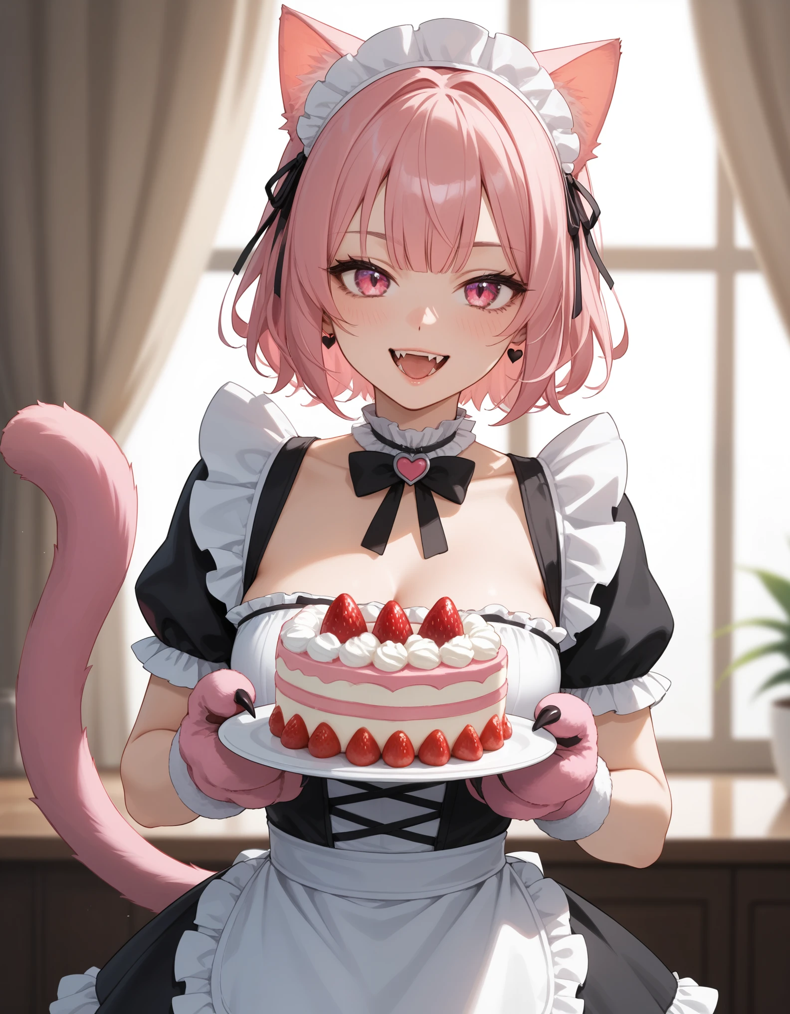 score_9, score_8_up, score_7_up, 1girl, solo, close-up portrait, vampire catgirl, bright pink eyes, pastel pink hair, sly smile, fangs, pink and black gothic maid dress, heart-shaped apron, cat paw gloves, (holding a tiered strawberry cake), gothic tea party setting, soft lighting, pastel goth aesthetic.