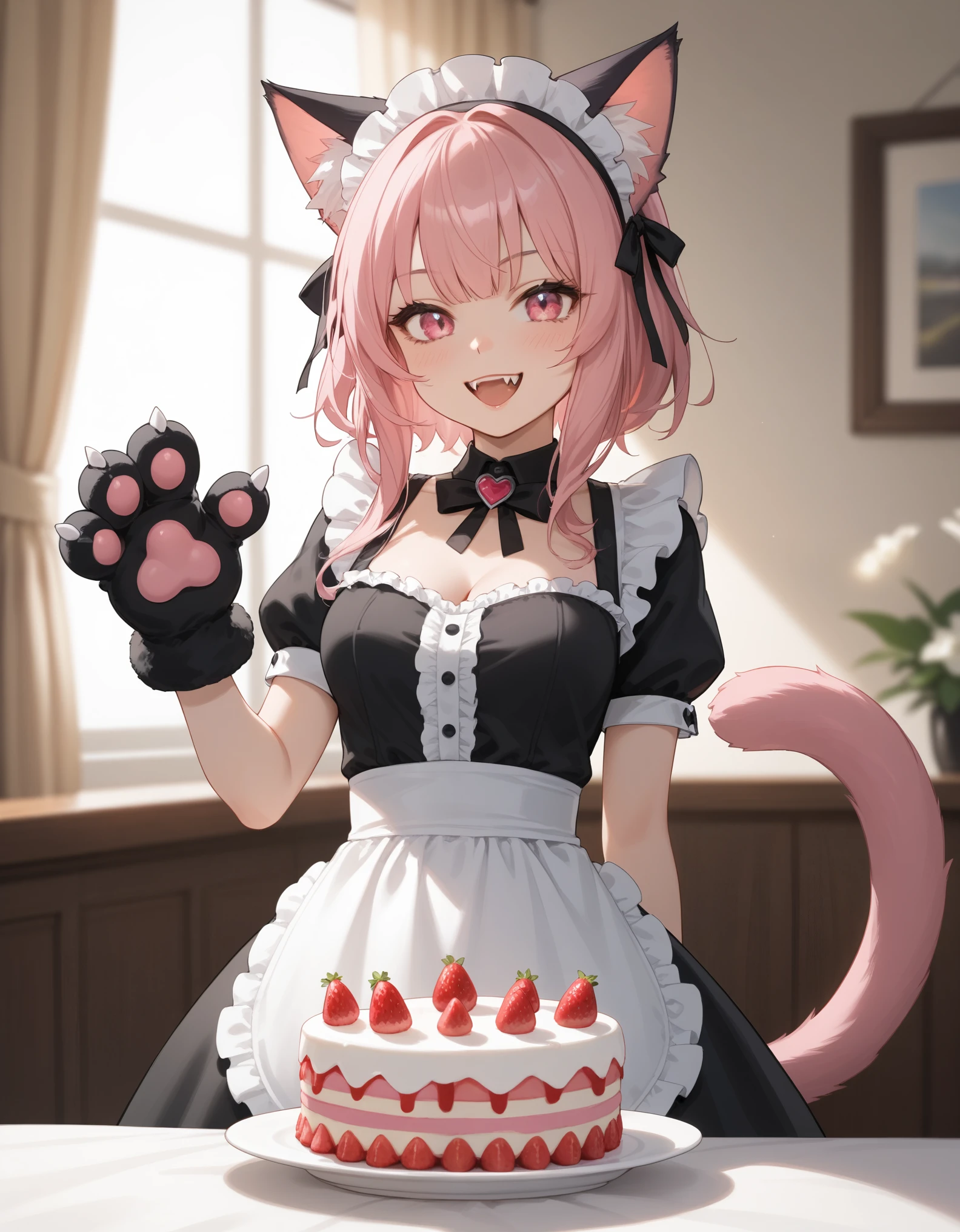 score_9, score_8_up, score_7_up, 1girl, solo, close-up portrait, vampire catgirl, bright pink eyes, pastel pink hair, sly smile, fangs, pink and black gothic maid dress, heart-shaped apron, cat paw gloves, (holding a tiered strawberry cake), gothic tea party setting, soft lighting, pastel goth aesthetic.