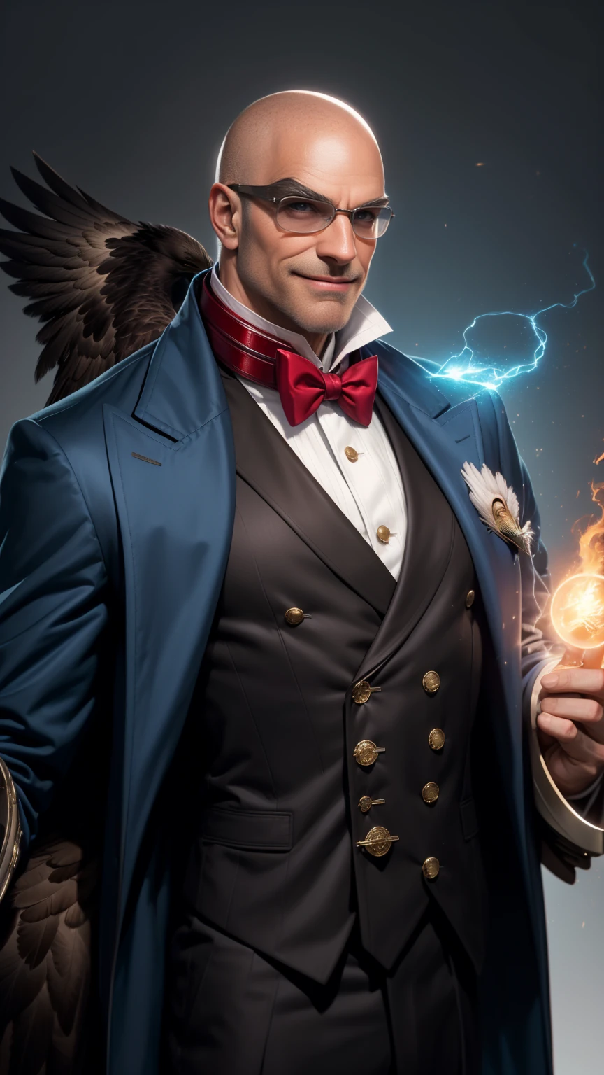 male, anthropomorphic, ((bald eagle)), eagle tail, muscular, ((suitcoat)), feathers, (mid transformation:1.3), standing, looking up at viewer, show his friendly smile, smirk, gallantic expression, (human), (magic collar), high angle, (by wfa)