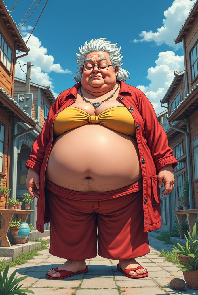 Generate a full body image of a humble elderly woman from Rio de Janeiro with a slightly overweight body,  60 years old, with a round face shape, chubby bochechas, droopy eyes, short wavy red hair with gray tones, protruding nose, full eyebrows , extravagant mouth, curved lips, big chin, wearing prescription glasses with large, thick frames, teasing smile, a wart below the batz on the left side, breasts small, legs thick, thick-thighs, short in stature, waist long, wide hip, completely naked, standing holding ens shirt in one hand and a bottle of beer in the other hand, wearing red sexy panties, lewdly sensualizing in a humble and degrading vacant lot on a hot summer night 