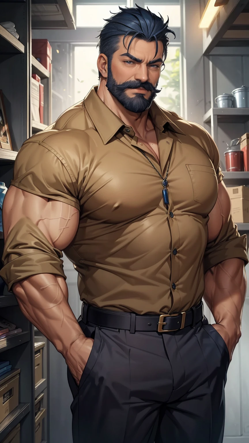 a muscular man, middle-aged, 56 y.o, quiff hairstyle, dark blue hair, dark blue mustache, dark blue beard, beige blouse, dark brown khaki trousers, handsome face, detailed eyes, nose and lips, 8k, high quality, photorealistic, dramatic lighting, cinematic