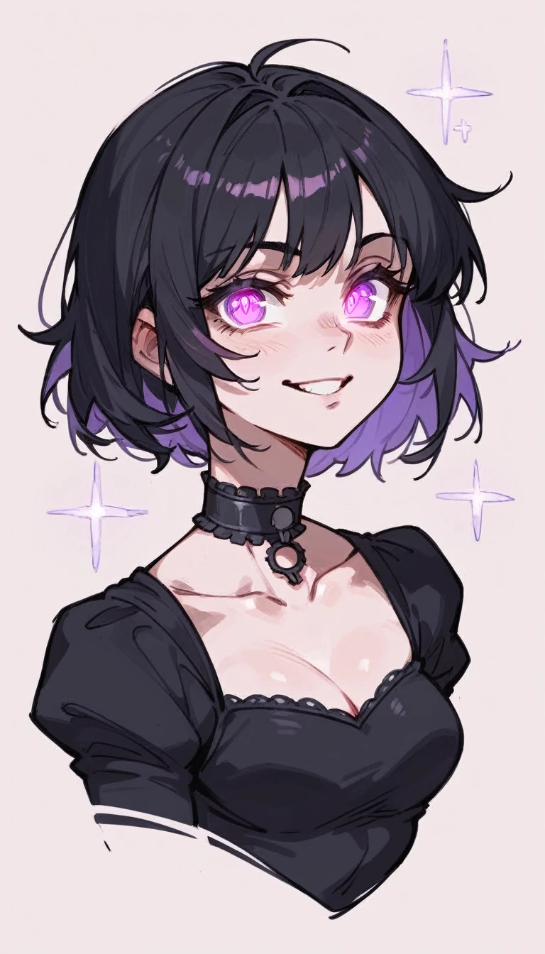 1 girl, solo, bob hair, black hair, purple glowing eyes, gothic outfit, spiky choker, mischievious smile, pencil sketch, portrait