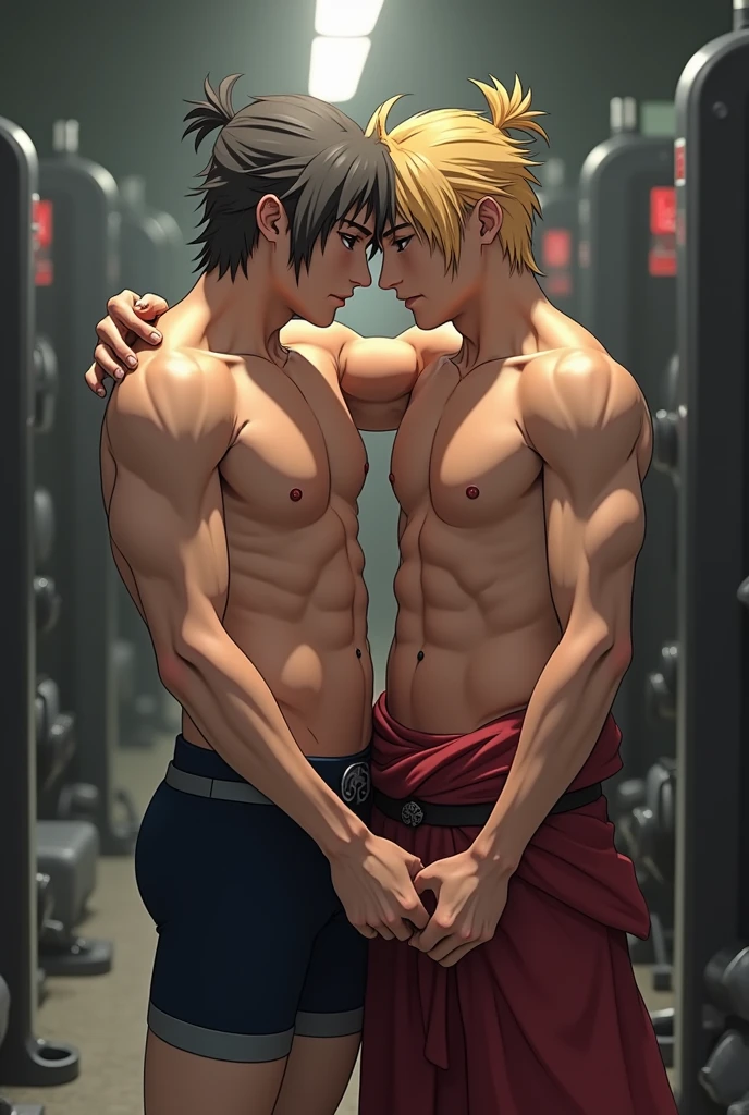 2boy ,gay couple,Natsu Dragneel and Gray Fullbuster kissing, ((upper body)), passionate blushing,  desert background, muscular body with washboard abs and pecs with pink nipples, sweating bodies and rugged rms and legs, holding waist embracing, arms embracing, necklace and penis cocks