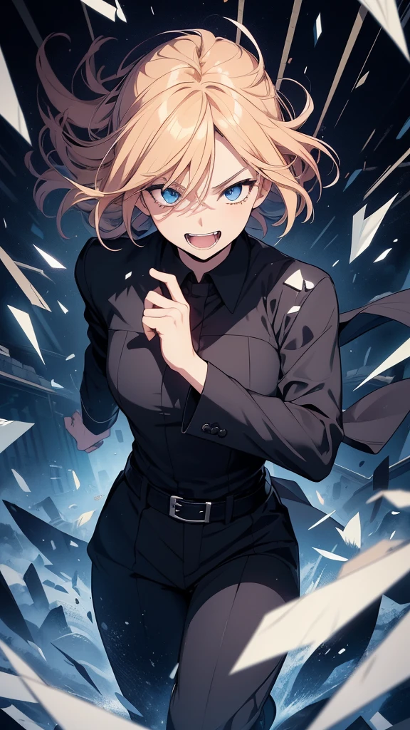 (high-quality, breathtaking),(expressive eyes, perfect face) 1boy, male, solo, teenager, satoru gojo hairstyle, strawberry blonde hair color, flowy floating hair, bright blue eye color, short hair length, looking at viewer, half body, ((crazy open mouth smile with fangs)), (extremely happy) dark black blue long sleeved shirt, collared shirt, ((dark black blue dress pants)), jujutsu kaisen uniform, jujutsu high school uniform, flowy hair, , portrait, stylized hairstyle, (Activating domain expansion), (floating hair), character focus, ((black light)),((dark lighting)), cinematic lighting ,(darkness), (concept art), (glowing eyes), high resolution, extremely detailed CG unity 8k wallpaper, ((masterpiece)), ((top-quality)), (beautiful illustration), (sky scrapper windows background), (busting out of a skyscrapper background) (In the sky background) (breaking glass background), (glass shards flying towards camera) (Falling pose), (Guess Face Smile), (yandere)