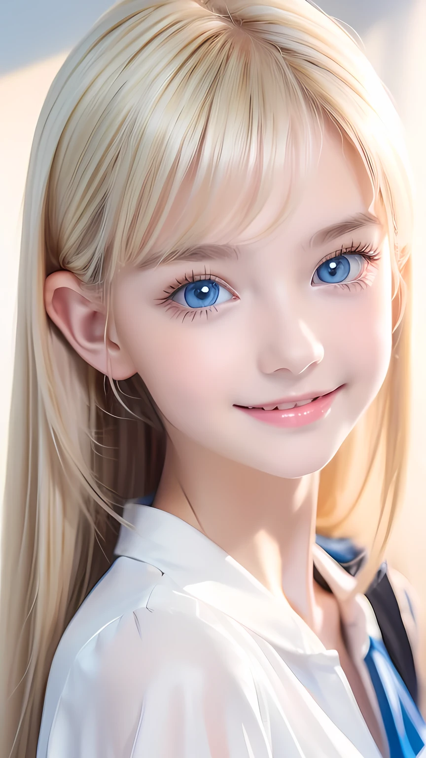 Very beautiful natural platinum blonde hair that is super long and stringy straight、Polate、School uniform、Bright expression、ponytail、Young and shiny white glossy skin、The best beauty、Shiny bright hair、Shiny, beautiful bangs、Double eyelids、Eyes Liner、Big, incredibly bright light blue eyes that shine so beautifully、Very big eyes,Shining with a captivating light、Small Face、Very nice cute 1 Eastern European girl、Large Bust、Large double eyelids、