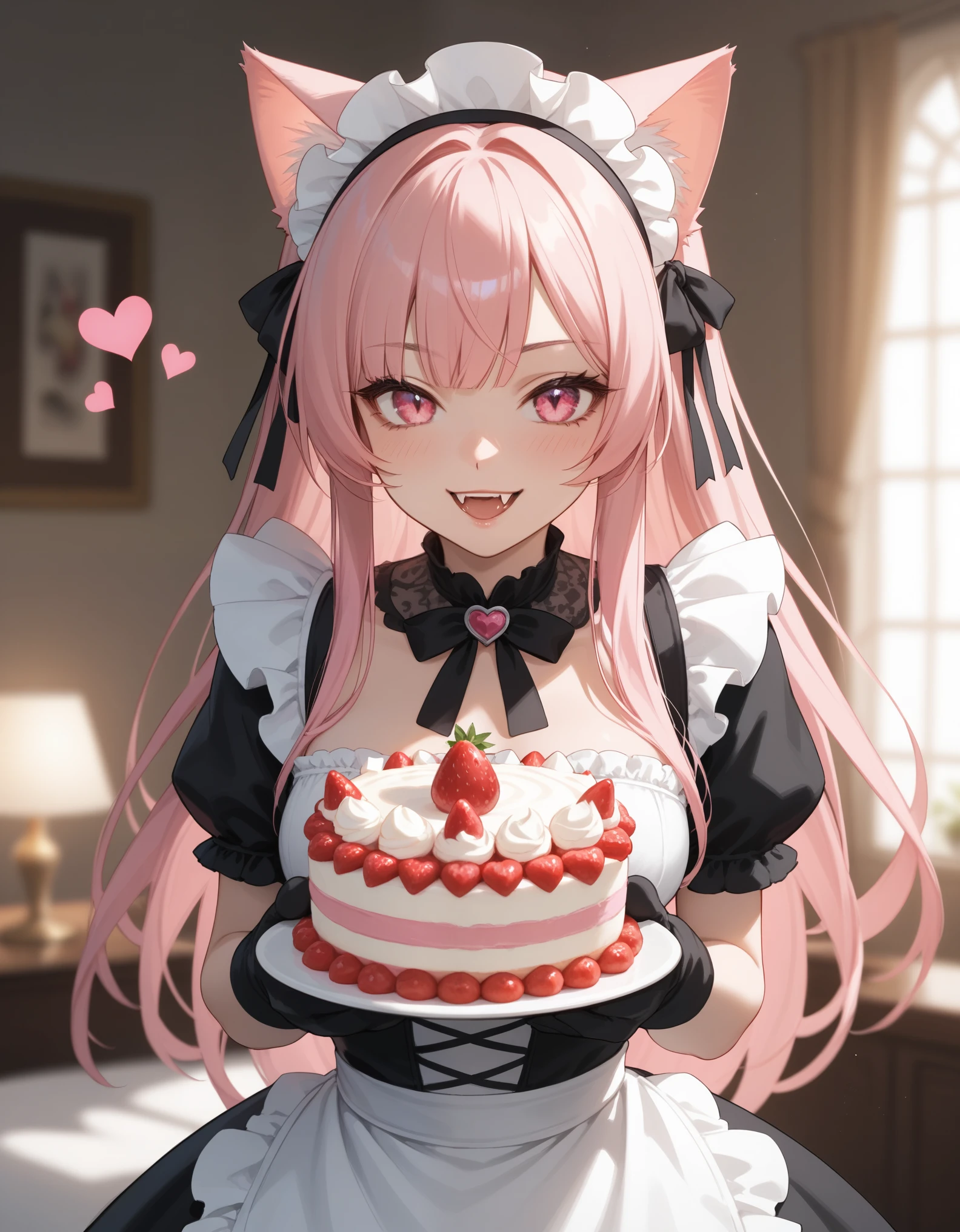 score_9, score_8_up, score_7_up, 1girl, solo, close-up portrait, vampire catgirl, bright pink eyes, pastel pink hair, sly smile, fangs, pink and black gothic maid dress, heart-shaped apron, cat paw gloves, (holding a tiered strawberry cake), gothic tea party setting, soft lighting, pastel goth aesthetic.