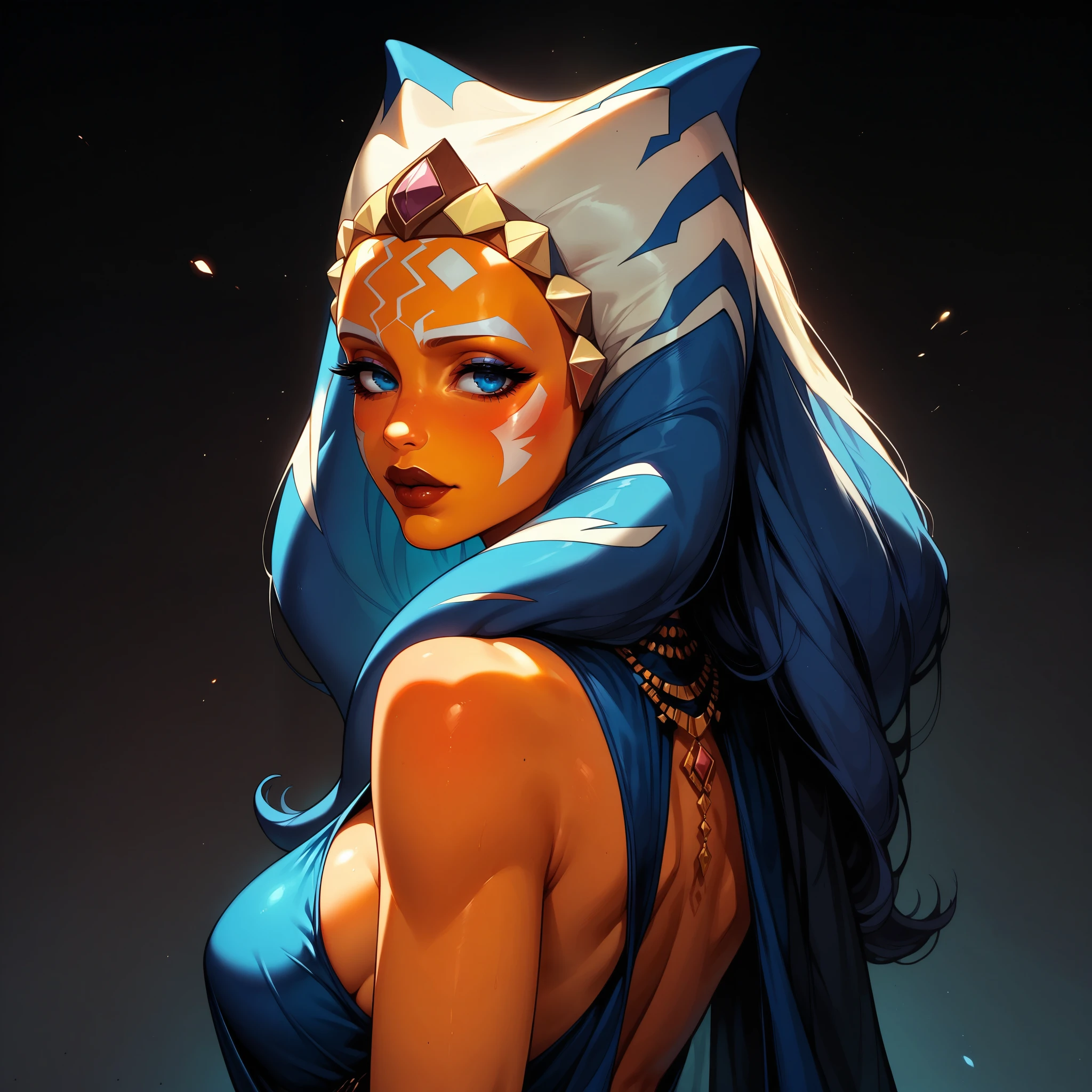 Ahsoka Tano in a grand, opulent ballroom, wearing a stunning, blue and white ball gown that showcases her curves. Her long, curled lekku are adorned with jewels, and her regal expression is visible. She poses elegantly, with her back arched slightly to highlight her tight and sexy butt. Use a high-detail, 8K cinematic style with a sensual, revealing closeup of her silhouette and face