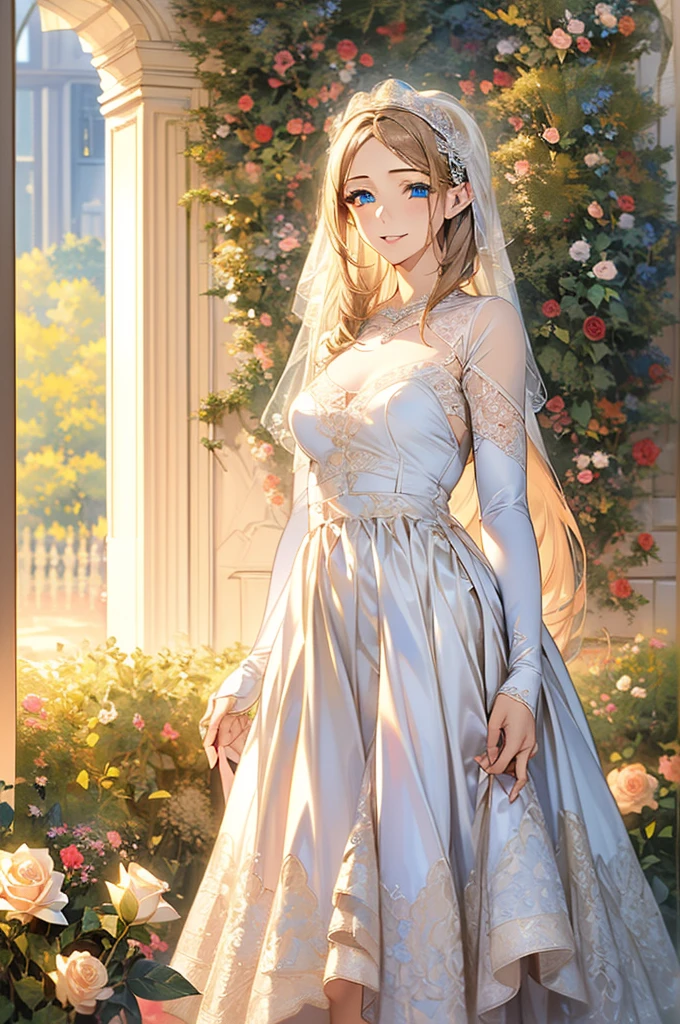 (masterpiece, Best Quality, beautifully、aesthetic:1.3), Staring at the audience, One girl, Alone, A light smile, (compensate, Long Hair, Light beige hair, blue eyes:1.2), Octane Rendering, Bridal Veil, lace trim dress, See-through, Wedding Dresses, Outdoor, White Rose, garden, morning, Standing, Very detailed, Lace gloves,Delicate lace