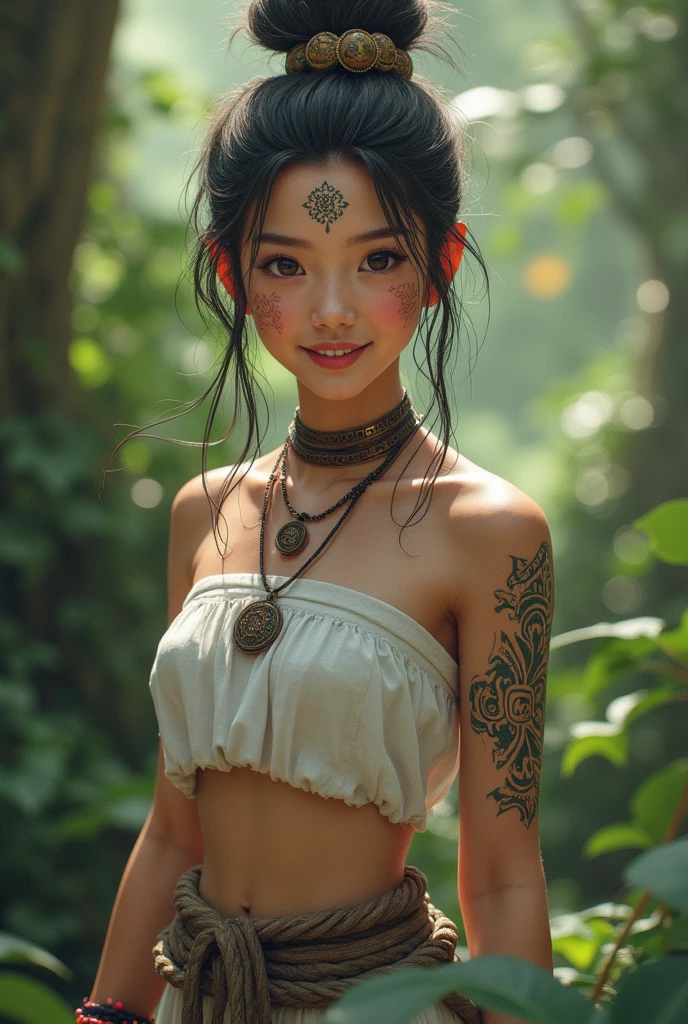 An extraordinary and vividly rendered scene, deep within the heart of an Amazonian tribe, where the beauty of nature intersects with the raw human form. At the center, a group of young, nude Korean females, their skin kissed by the sun and adorned with intricate, tribal tattoos, stand proudly in a semi-circle, showcasing their athletic bodies and fierce expressions. Their hair, as dark as the jungle night, is styled in elaborate braids and feathered headdresses, signifying their belonging to this ancient and mysterious culture. They are surrounded by the lush, verdant foliage of the rainforest, with vines and flowers weaving around their limbs, creating a natural yet striking contrast against their forms. Each woman holds a weapon forged from the jungle itself—spears, bows, and knives made from the strongest local materials—reflecting their roles as huntresses and protectors of the tribe. Their eyes, alight with wisdom and strength, seem to pierce through the dense canopy above, hinting at a deep connection with the spirits of the forest. The light filters through the leaves